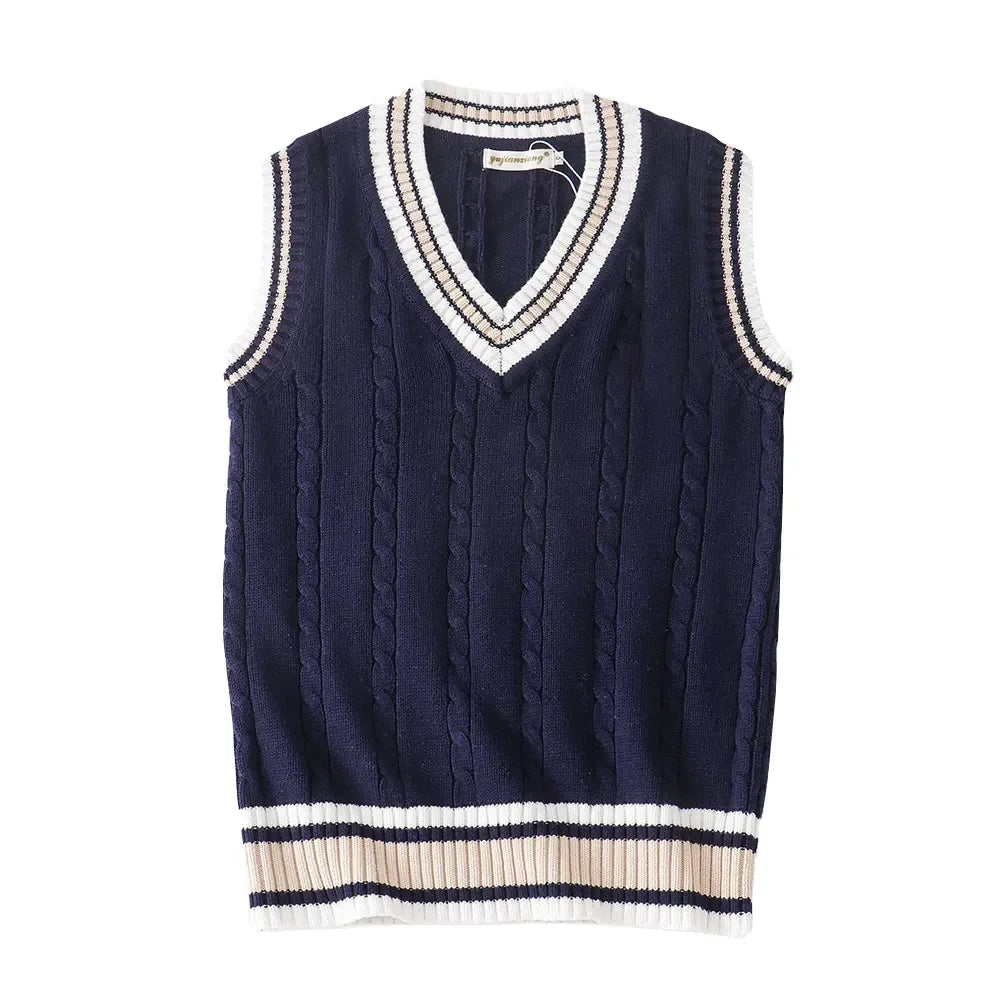 Calix | Men's V-neck Cable Knit Vest with Trim Striped