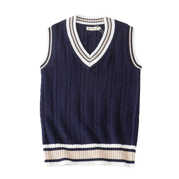 Calix | Men's V-neck Cable Knit Vest with Trim Striped
