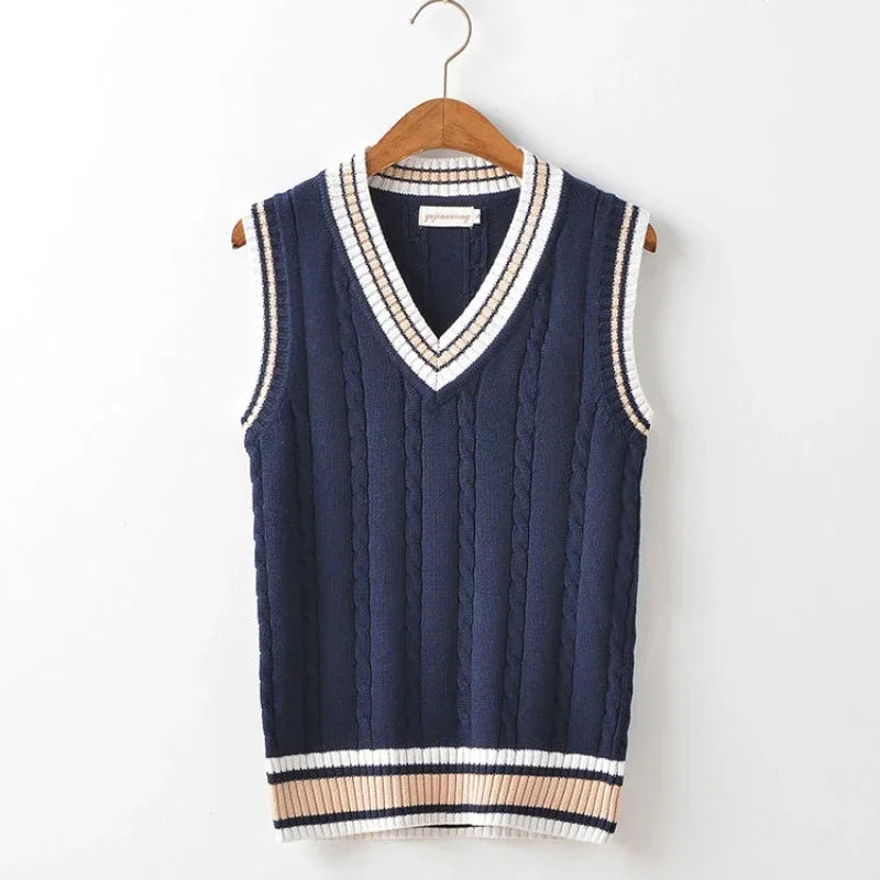 Calix | Men's V-neck Cable Knit Vest with Trim Striped