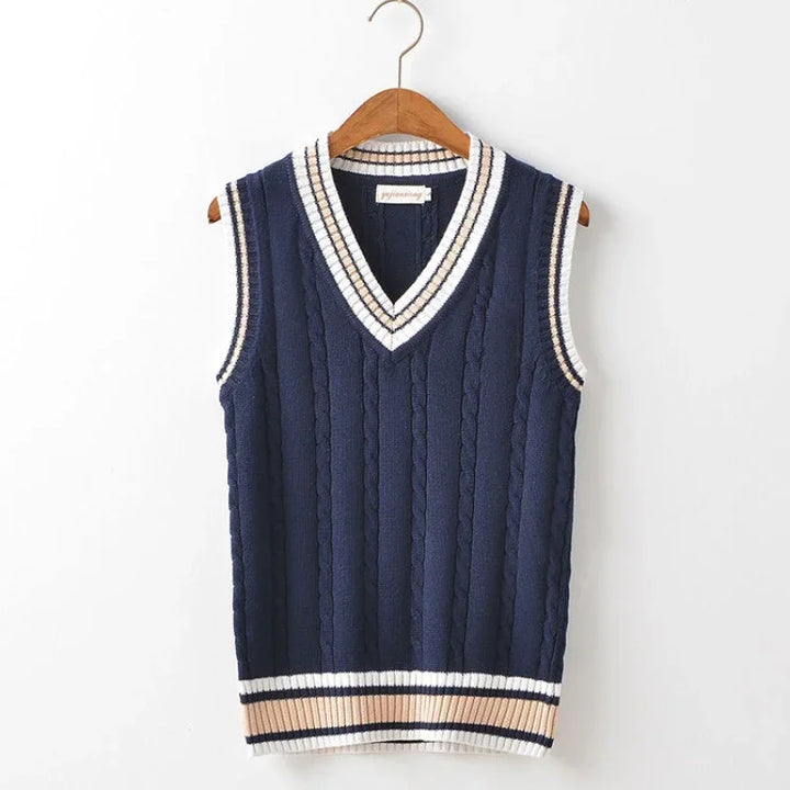 Calix | Men's V-neck Cable Knit Vest with Trim Striped