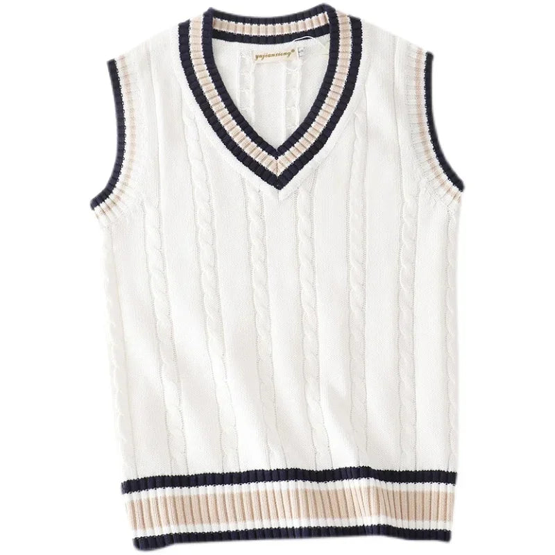 Calix | Men's V-neck Cable Knit Vest with Trim Striped
