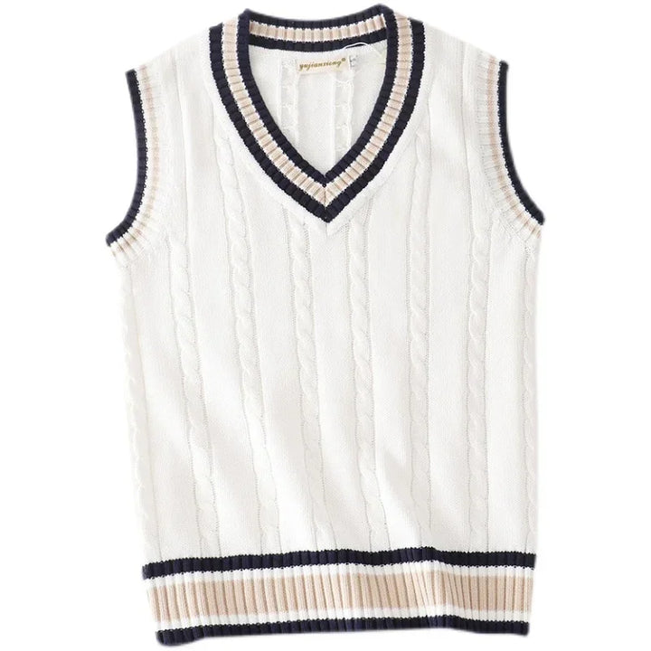 Calix | Men's V-neck Cable Knit Vest with Trim Striped