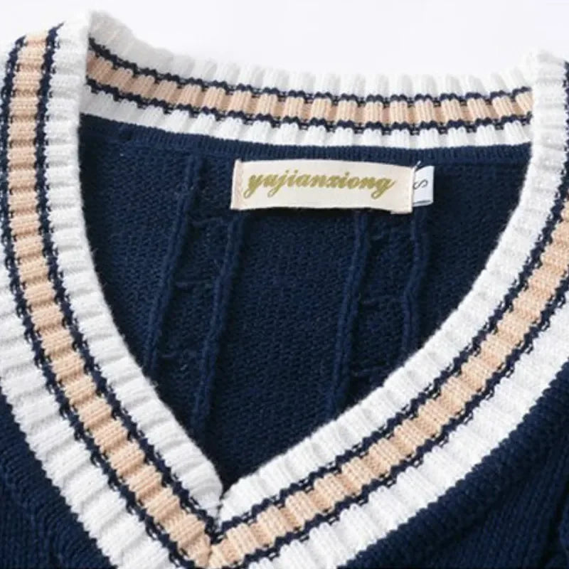 Calix | Men's V-neck Cable Knit Vest with Trim Striped