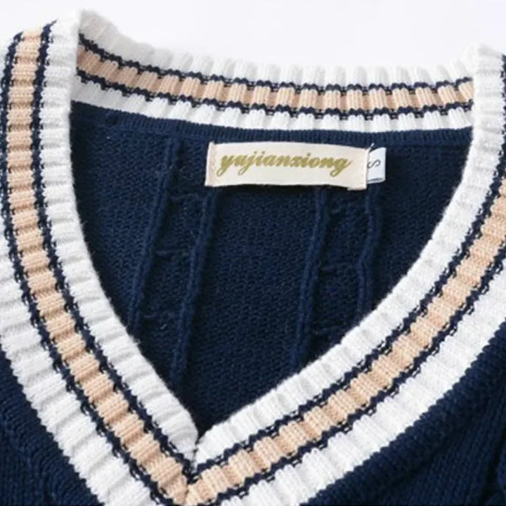 Calix | Men's V-neck Cable Knit Vest with Trim Striped