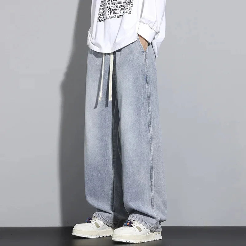 Johnny | Men’s Faded Wide Leg Denim Jeans with Drawstring