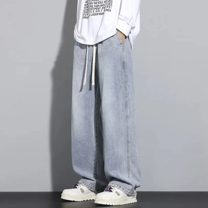Johnny | Men’s Faded Wide Leg Denim Jeans with Drawstring