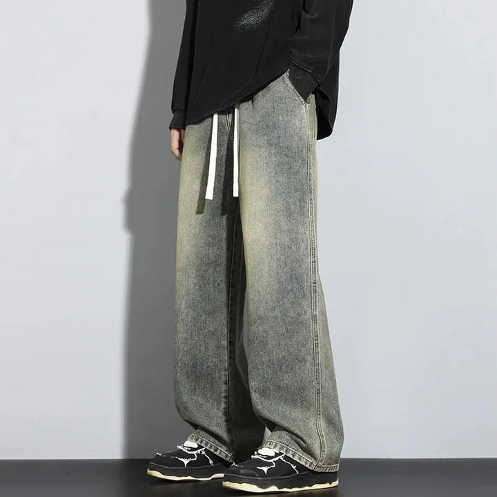 Johnny | Men’s Faded Wide Leg Denim Jeans with Drawstring