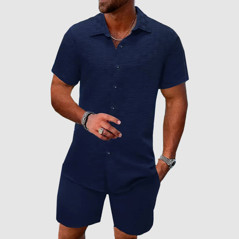 Colby | Men's Textured Two Piece Set with Button Shirt and Shorts