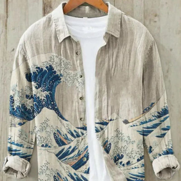 Kai | Men's Long Sleeve Printed Linen Shirt with Button Down