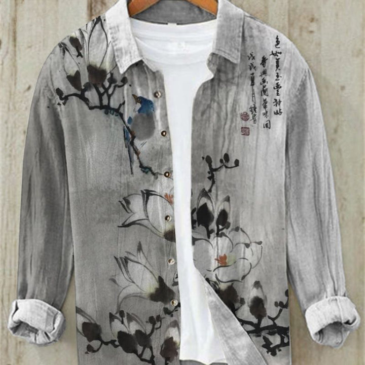 Kai | Men's Long Sleeve Printed Linen Shirt with Button Down