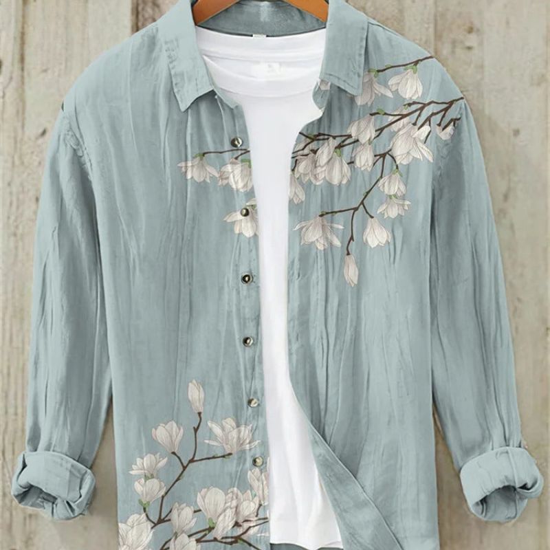 Kai | Men's Long Sleeve Printed Linen Shirt with Button Down