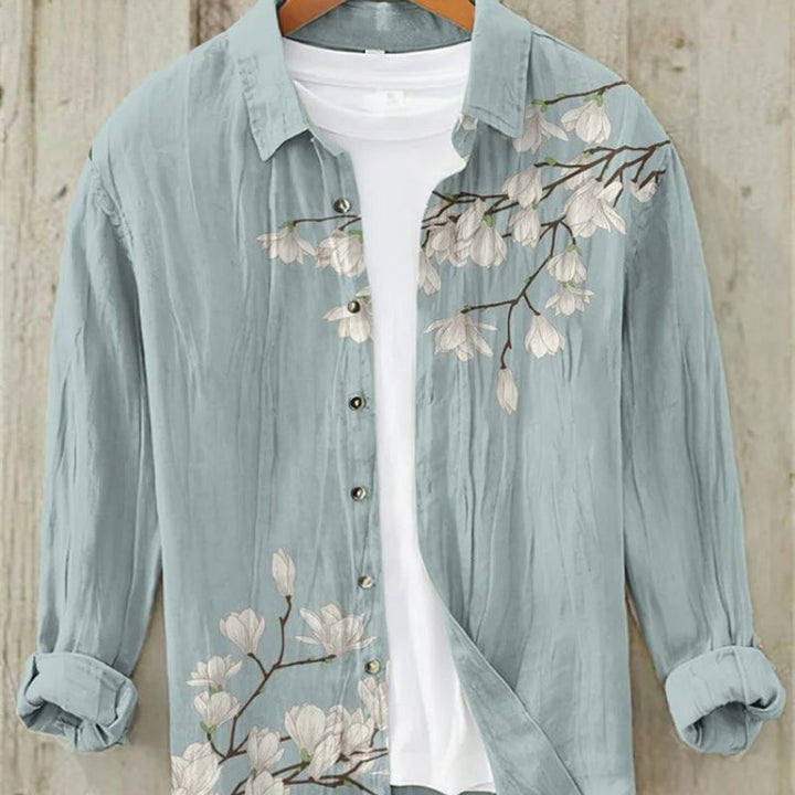 Kai | Men's Long Sleeve Printed Linen Shirt with Button Down