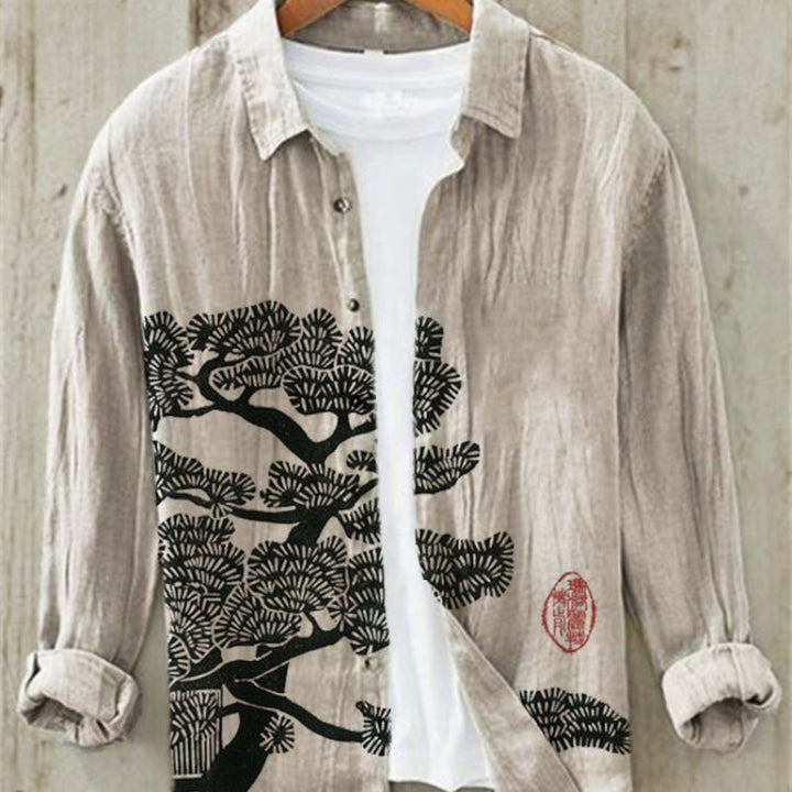 Kai | Men's Long Sleeve Printed Linen Shirt with Button Down