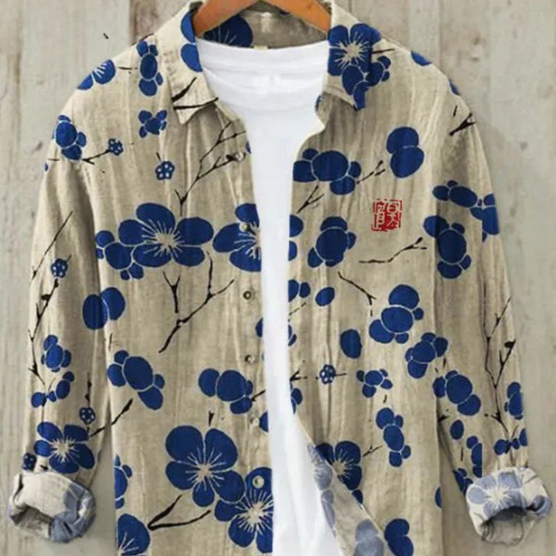 Kai | Men's Long Sleeve Printed Linen Shirt with Button Down