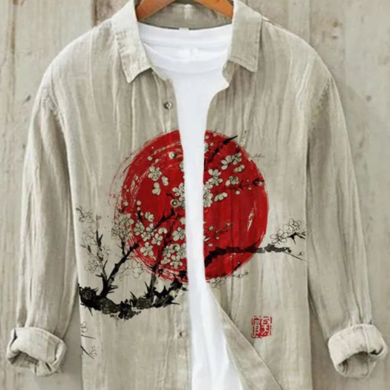 Kai | Men's Long Sleeve Printed Linen Shirt with Button Down