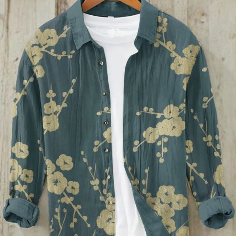 Kai | Men's Long Sleeve Printed Linen Shirt with Button Down