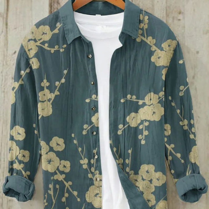Kai | Men's Long Sleeve Printed Linen Shirt with Button Down