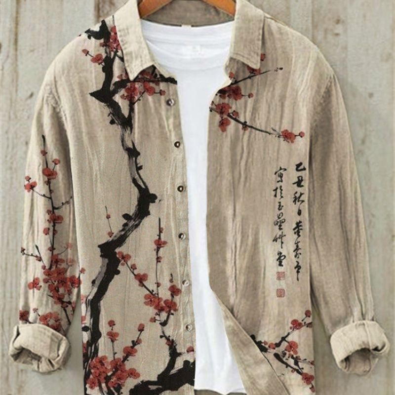 Kai | Men's Long Sleeve Printed Linen Shirt with Button Down