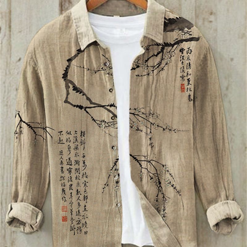 Kai | Men's Long Sleeve Printed Linen Shirt with Button Down
