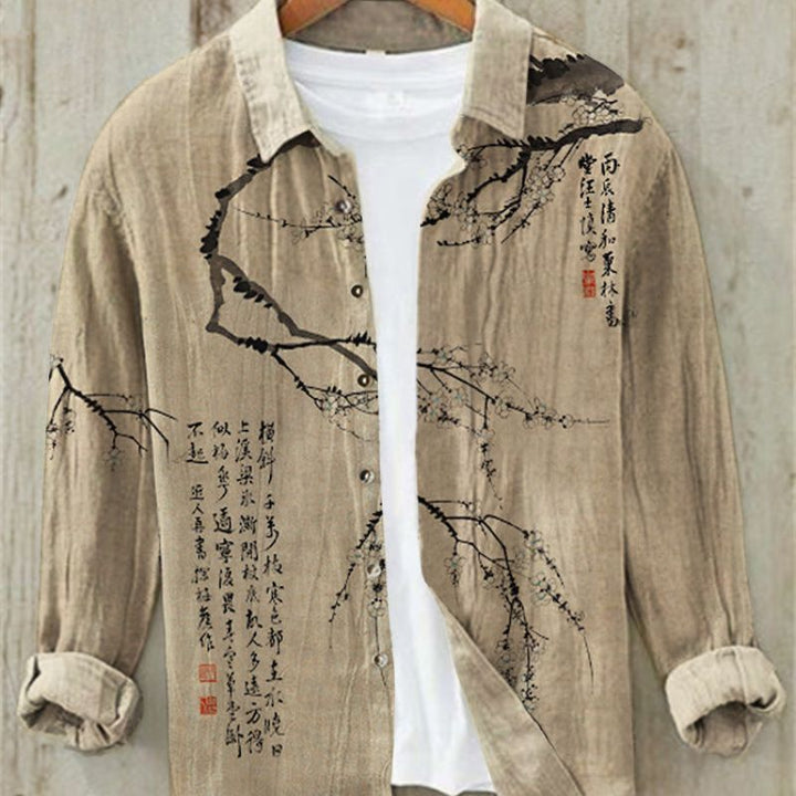 Kai | Men's Long Sleeve Printed Linen Shirt with Button Down