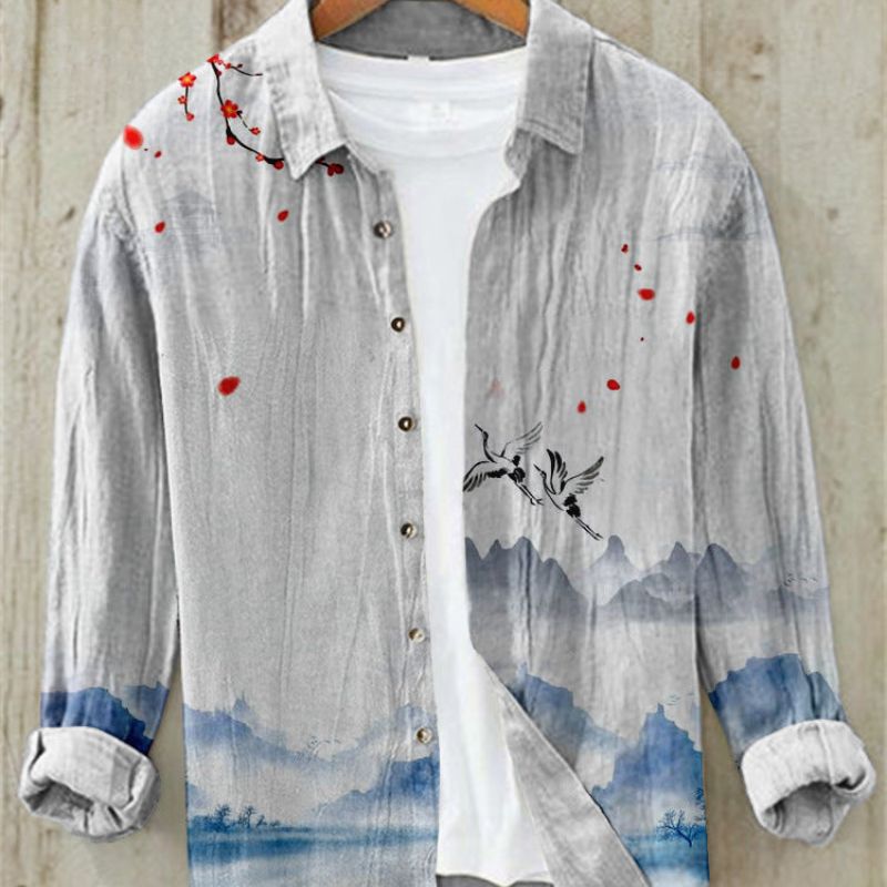 Kai | Men's Long Sleeve Printed Linen Shirt with Button Down