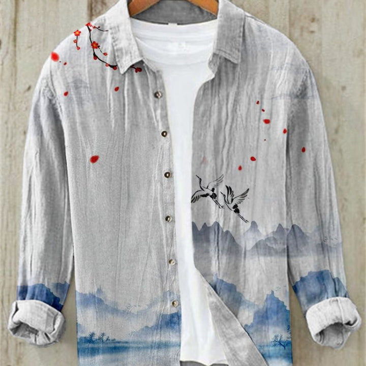 Kai | Men's Long Sleeve Printed Linen Shirt with Button Down