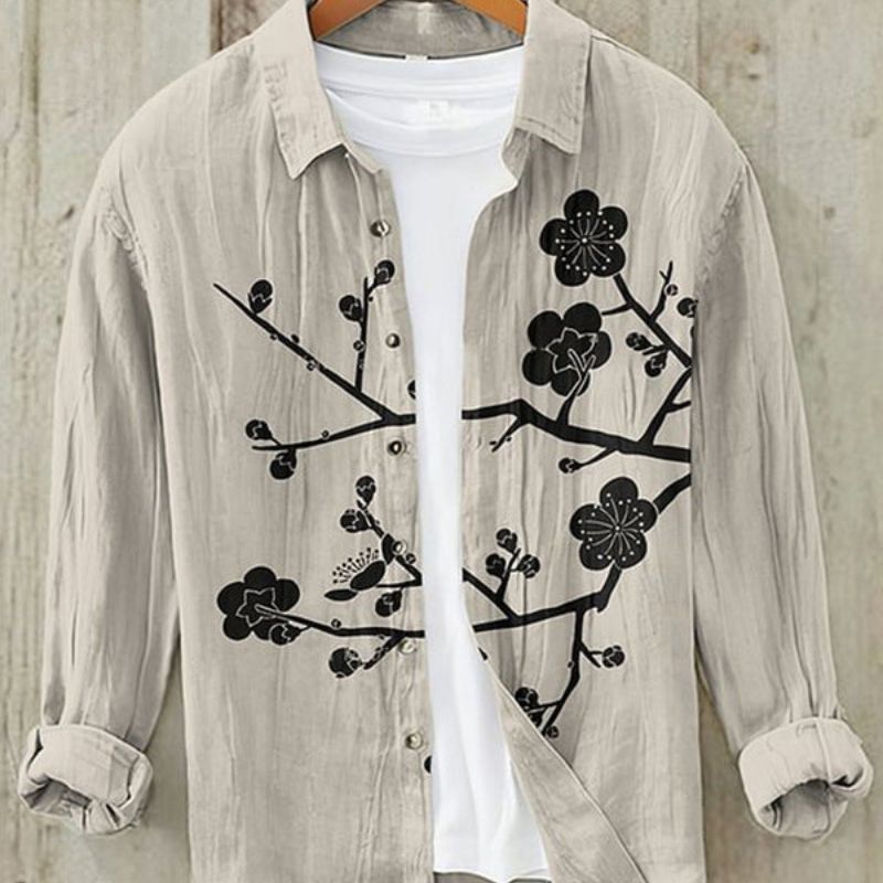 Kai | Men's Long Sleeve Printed Linen Shirt with Button Down