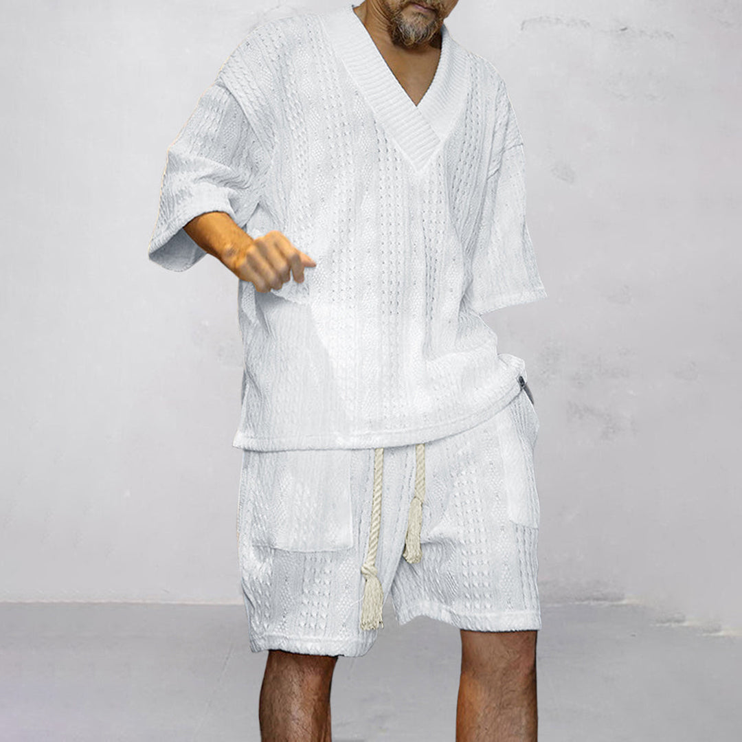 Milan | Men's Cable Knit Two Piece Set with V-neck Shirt and Drawstring Shorts