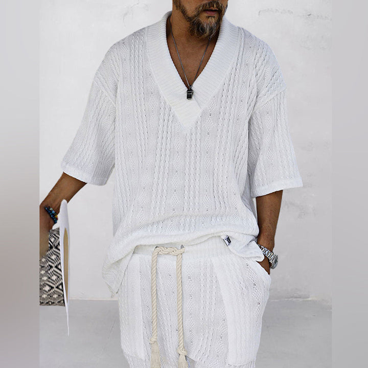Milan | Men's Cable Knit Two Piece Set with V-neck Shirt and Drawstring Shorts