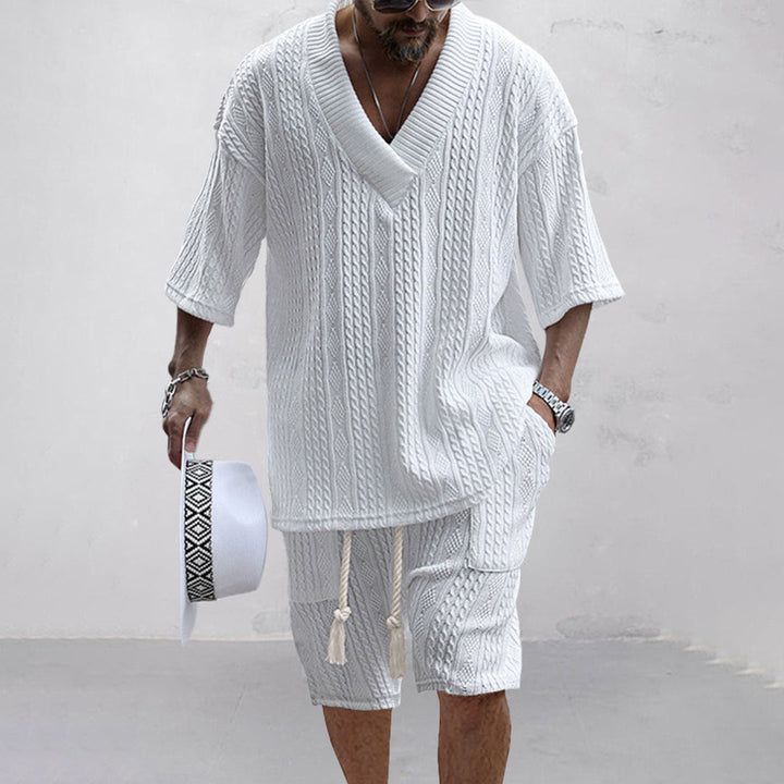 Milan | Men's Cable Knit Two Piece Set with V-neck Shirt and Drawstring Shorts