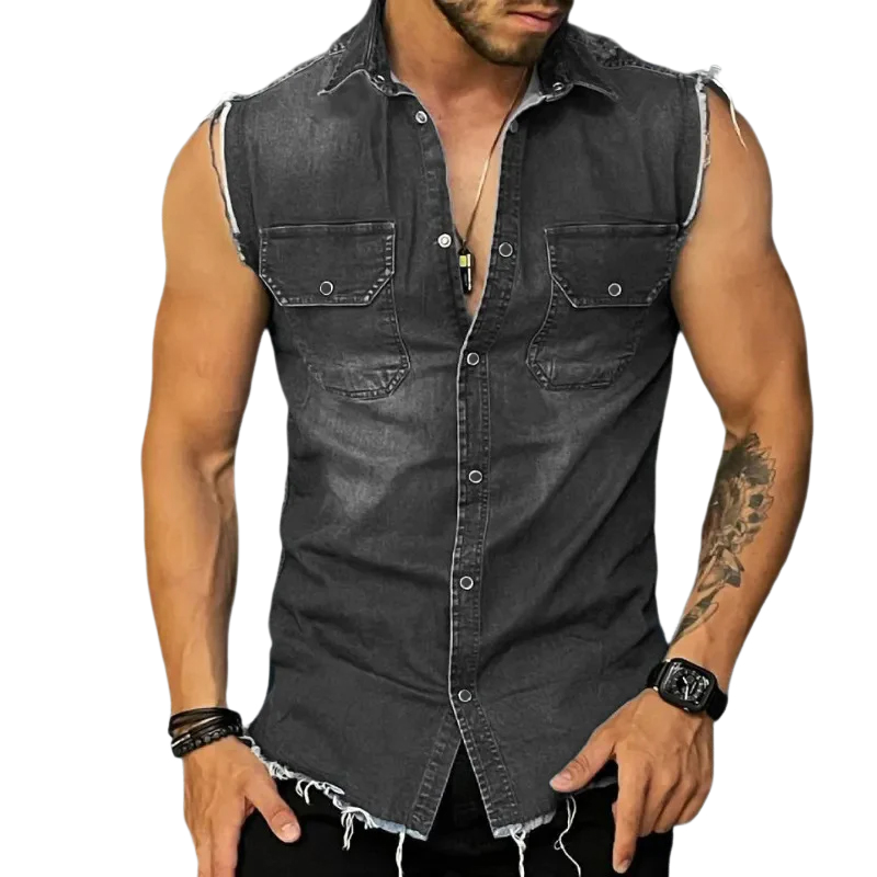 Steve | Men's Sleeveless Button-Up Denim Shirt with Ripped Hem and Cuff