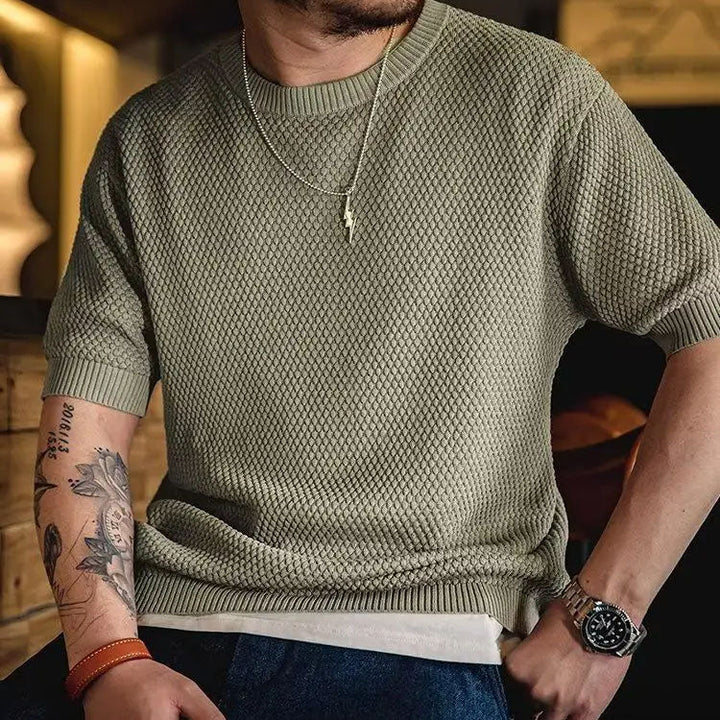 Clay | Men's Textured Knitted T-Shirt with Ribbed Cuff Hem and Crewneck