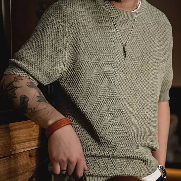 Clay | Men's Textured Knitted T-Shirt with Ribbed Cuff Hem and Crewneck