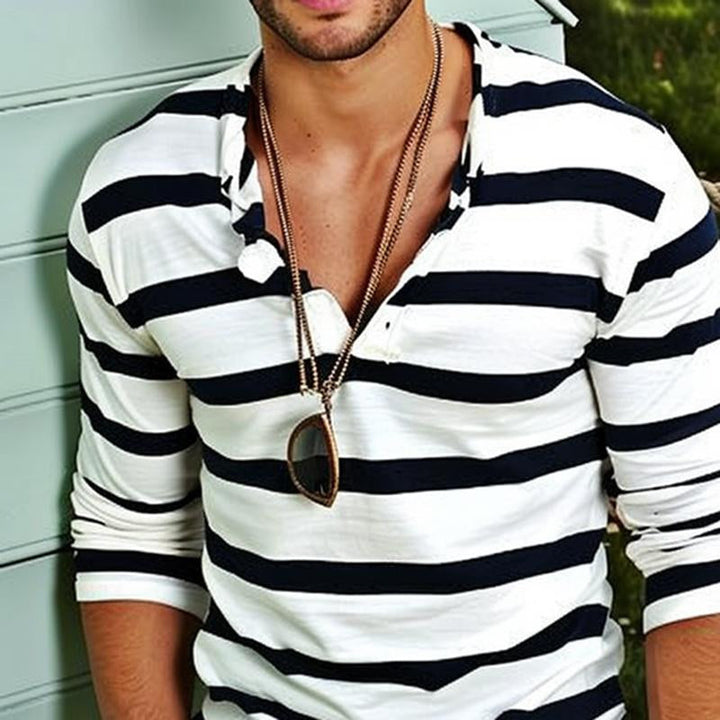 Nathan | Men's Long Sleeve Striped Henley T Shirt with Half Buttons