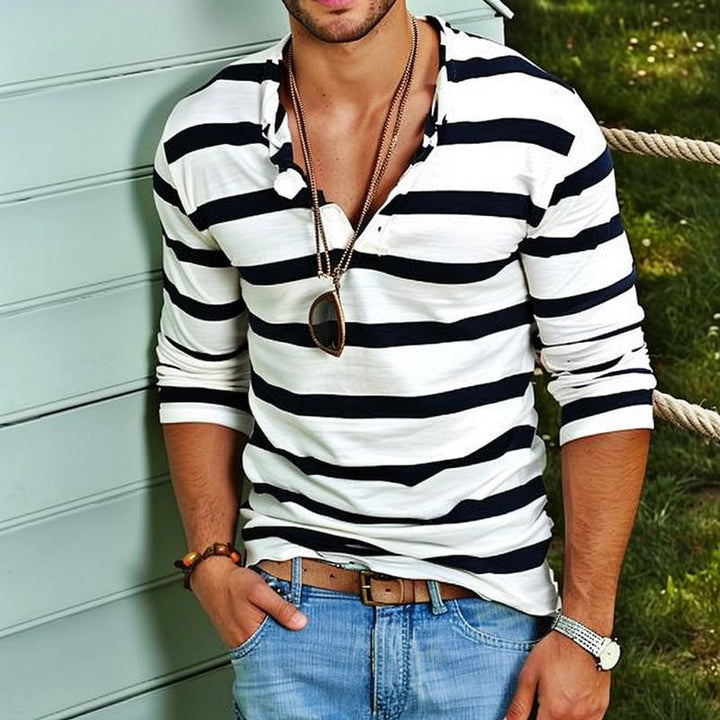 Nathan | Men's Long Sleeve Striped Henley T Shirt with Half Buttons
