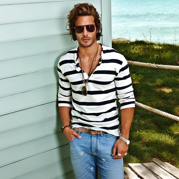 Nathan | Men's Long Sleeve Striped Henley T Shirt with Half Buttons
