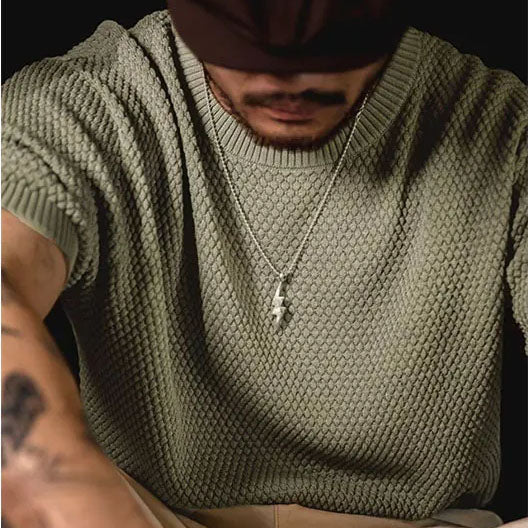 Clay | Men's Textured Knitted T-Shirt with Ribbed Cuff Hem and Crewneck