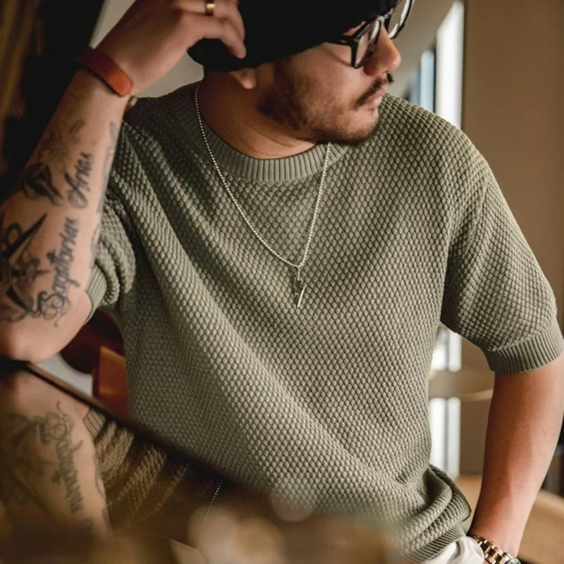 Clay | Men's Textured Knitted T-Shirt with Ribbed Cuff Hem and Crewneck