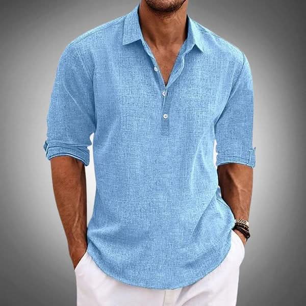 Cairo | Men's Linen Henley Shirt with Folded Sleeves and Quarter Buttons