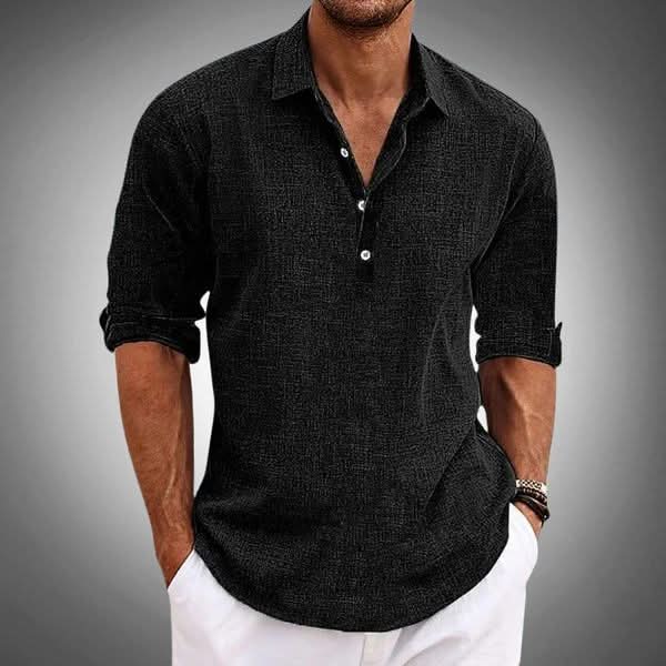 Cairo | Men's Linen Henley Shirt with Folded Sleeves and Quarter Buttons