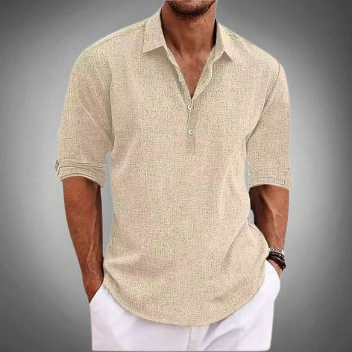 Cairo | Men's Linen Henley Shirt with Folded Sleeves and Quarter Buttons