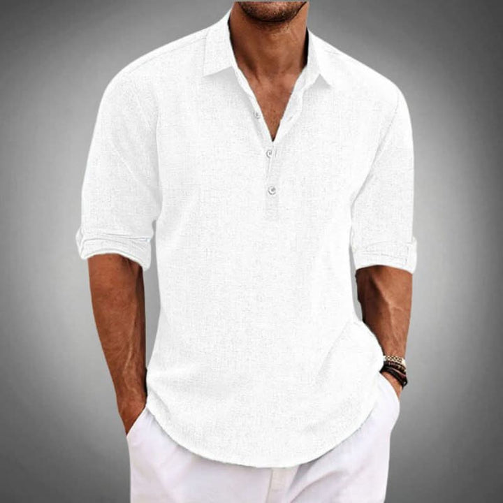 Cairo | Men's Linen Henley Shirt with Folded Sleeves and Quarter Buttons